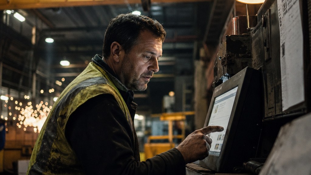 Plant manager in a hi-vis vest crouched beside a shop-floor kiosk reading a supplier website between stamping machines