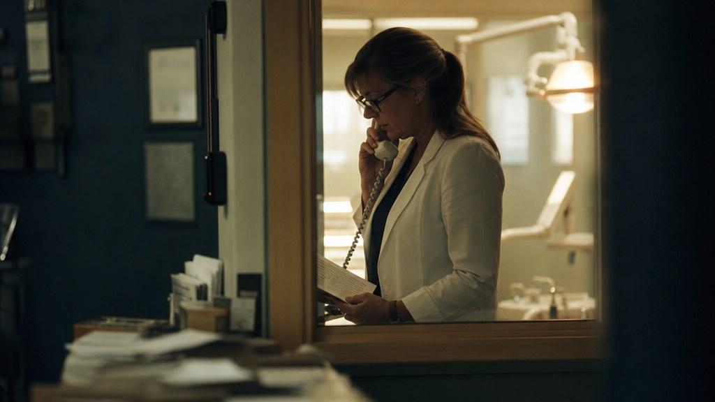 Med spa owner at a back-office window reading a call log on her phone with treatment room lights glowing behind her