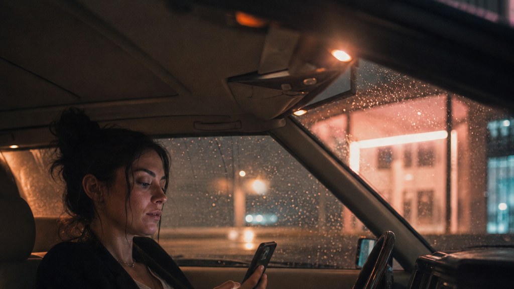 Woman in a parked car outside a medical spa searching treatments on her phone through a rain-covered windshield