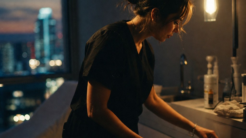 Nurse injector restocking a drawer of vials in a treatment room under a single warm lamp at dusk