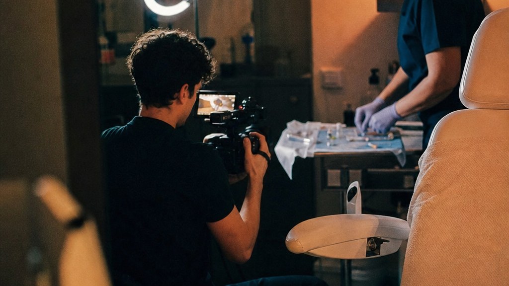 Videographer kneeling in a med spa treatment room filming a nurse's hands preparing a syringe tray with a ring light reflected in chrome