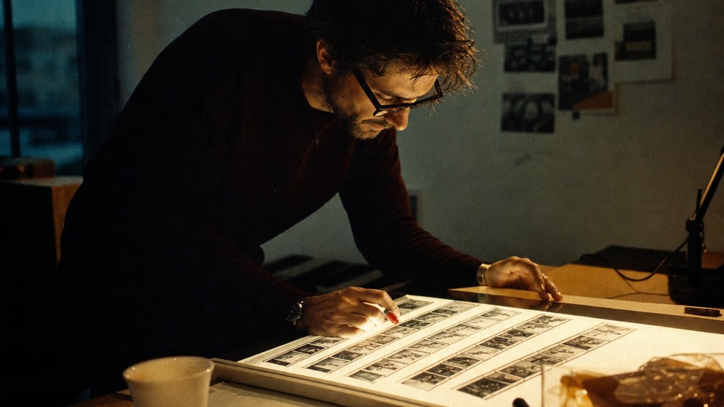 Creative director reviewing contact sheets on a lightbox in a small studio scattered with marker pens
