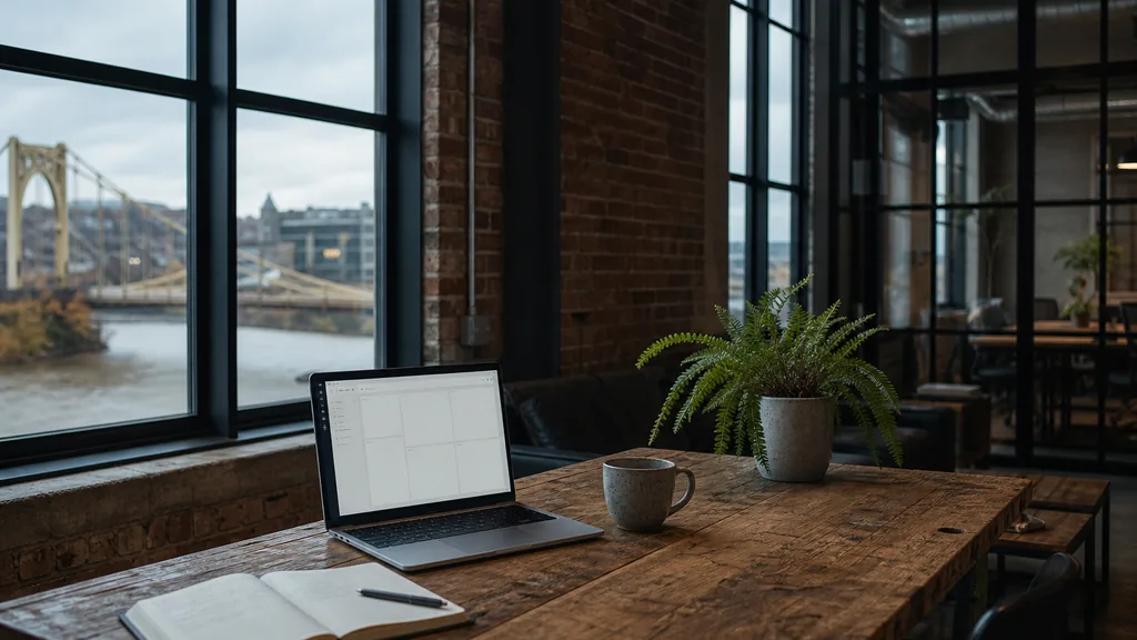 Editorial photograph of an empty modern B2B agency workspace in a converted Pittsburgh brick warehouse office with a laptop showing a blank dashboard, a notebook and a stoneware mug on a reclaimed timber desk, an exposed brick wall, tall steel framed windows onto a river bridge and a potted fern, lit by cool overcast morning light