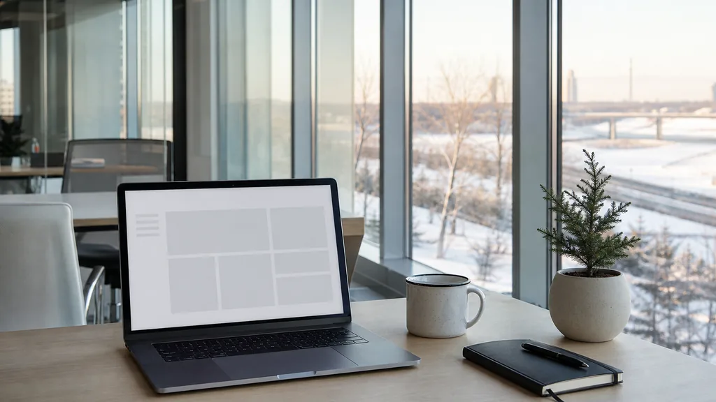 Editorial photograph of an empty modern B2B agency workspace in an Edmonton glass tower office with a laptop showing a blank dashboard, a notebook and an enamel mug on a pale birch desk, white walls, tall windows onto a snow covered river valley and bare poplars and a potted spruce sapling, lit by pale low angle winter light