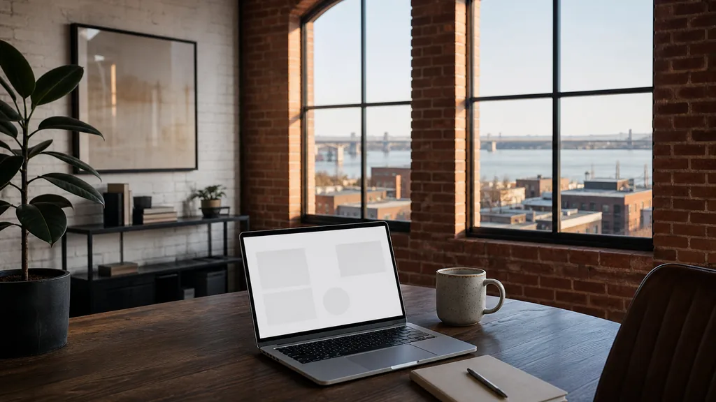 Editorial photograph of an empty modern B2B agency workspace in a St Louis red brick loft office with a laptop showing a blank dashboard, a notebook and a ceramic mug on a dark oak desk, a painted brick wall, tall arched windows onto a wide river and midwestern rooftops and a potted rubber plant, lit by warm late afternoon light