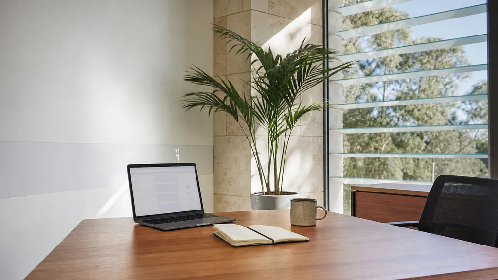 Editorial photograph of an empty modern B2B agency workspace in a Perth limestone and glass office with a laptop showing a blank dashboard, a notebook and a stoneware mug on a pale jarrah desk, a white rendered wall, tall louvred windows onto eucalyptus trees and hard blue sky and a potted kentia palm, lit by bright clear afternoon light