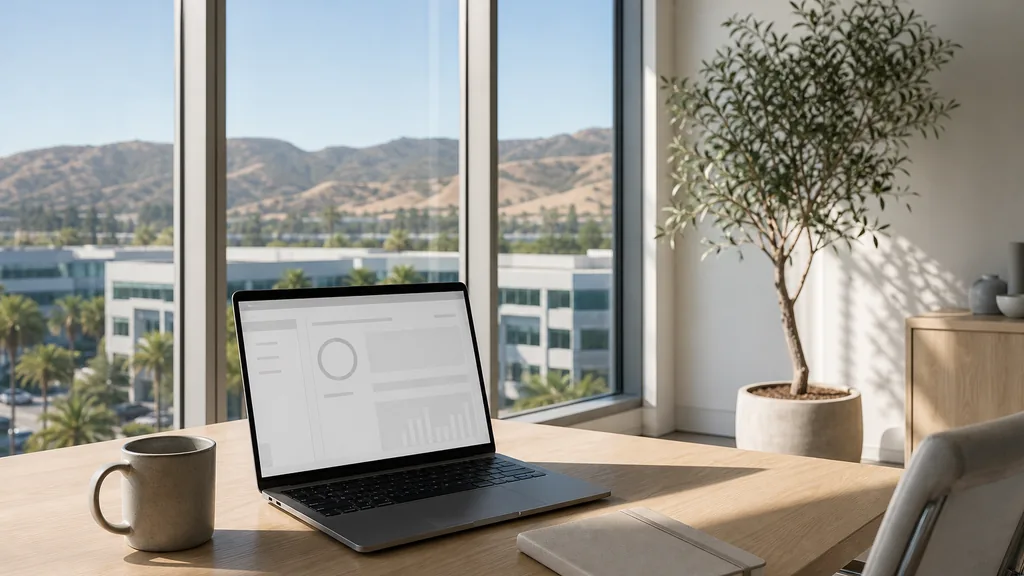 Editorial photograph of an empty modern B2B agency workspace in a San Jose glass and pale wood office with a laptop showing a blank dashboard, a notebook and a stoneware mug on a light oak desk, floor-to-ceiling windows onto low office parks, palms and dry brown foothills, and a potted olive tree, lit by bright clear California morning light