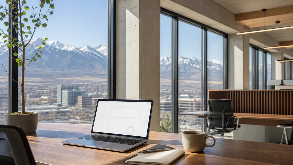 Editorial photograph of an empty modern B2B agency workspace in a Salt Lake City office with pale concrete and warm timber, a laptop showing a blank dashboard, a notebook and a ceramic mug on a walnut desk, tall windows onto a valley grid and snow-capped Wasatch peaks, and a potted aspen sapling, lit by crisp high-altitude morning light