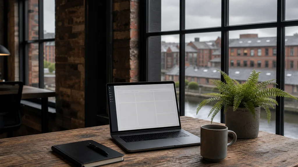 Editorial photograph of an empty modern B2B agency workspace in a converted Leeds Victorian mill office with a laptop showing a blank dashboard, a notebook and a stoneware mug on a reclaimed timber desk, exposed dark brick, tall cast-iron framed windows onto a canal basin and slate rooftops, and a potted fern, lit by soft grey overcast northern light