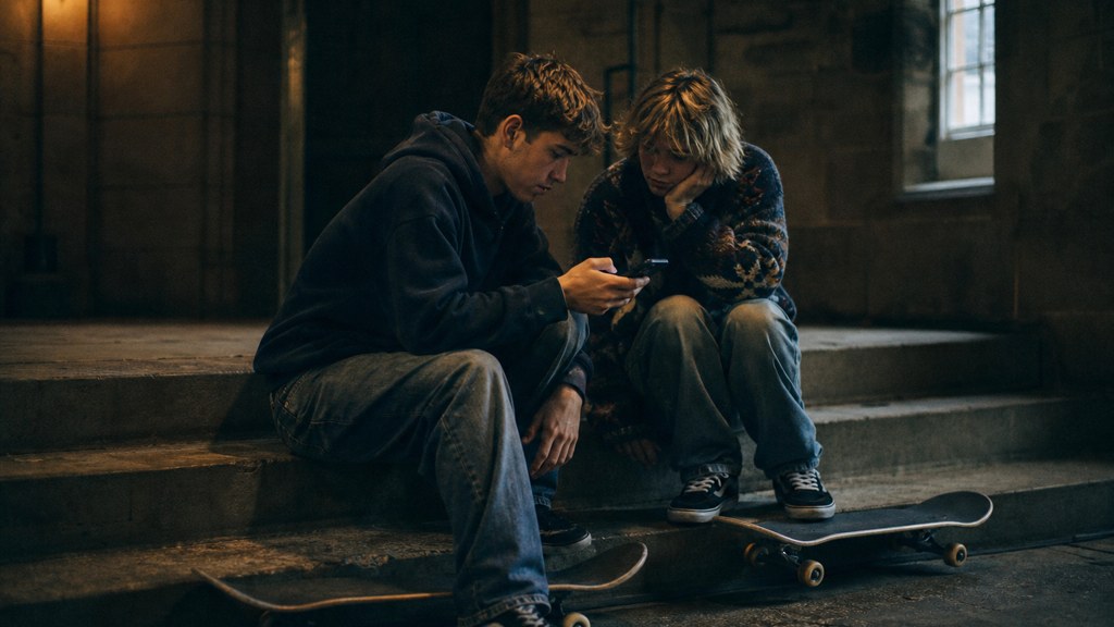 Two teenagers on skateboards looking at a phone on a set of concrete steps, photographed in Edinburgh