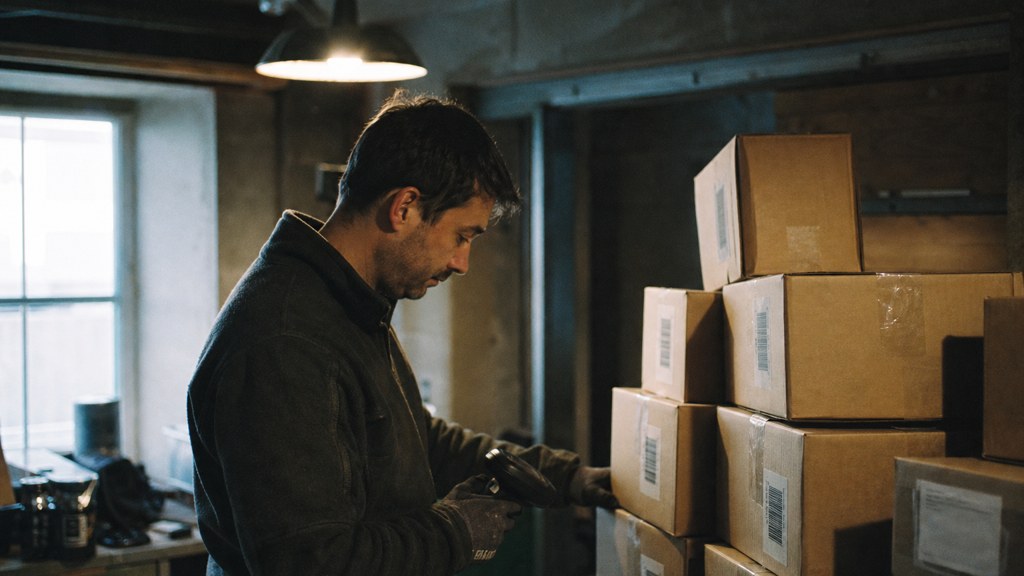 A seller checking barcodes on stacked cartons in a garage stockroom, photographed in Edinburgh