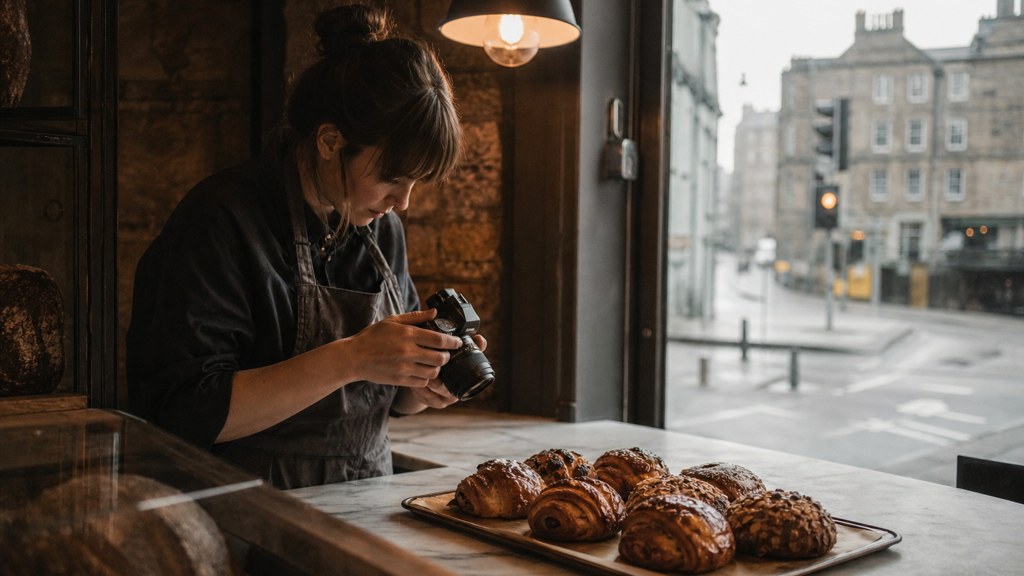 A bakery owner photographing a tray of pastries on a marble counter at dawn, photographed in Edinburgh