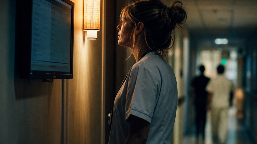 Aesthetic nurse checking a treatment room list on a wall-mounted screen with amber lamplight across her shoulder