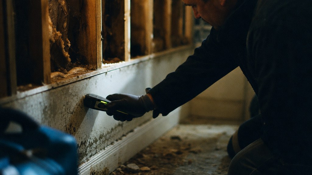 Remediation technician kneeling to read a moisture meter against a damp skirting board in hard side light