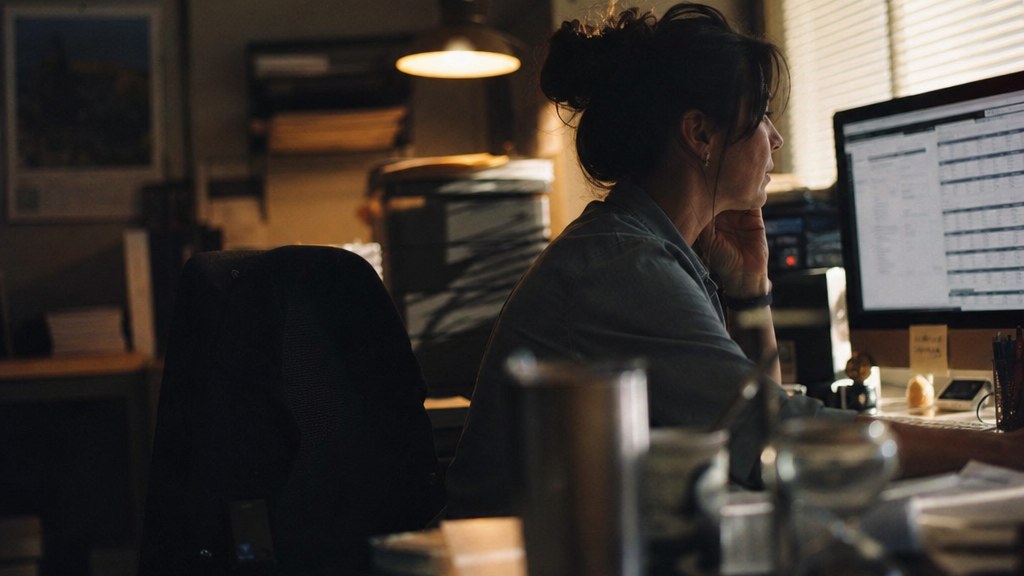 Office manager at a small remediation firm reading a call log on a monitor with morning light through venetian blinds