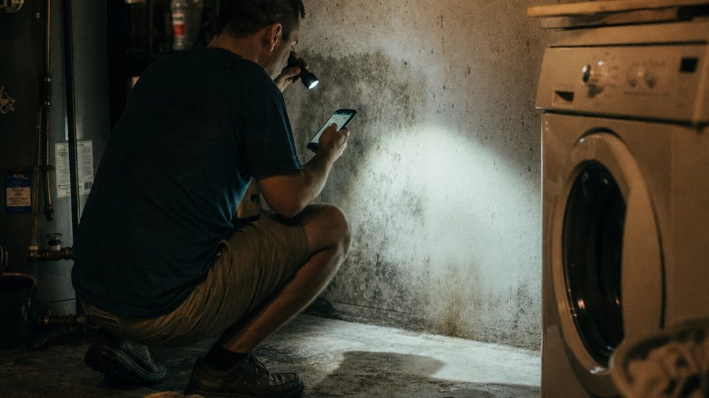 Homeowner crouched beside a washing machine at night typing into a phone with a torch beam across a damp wall