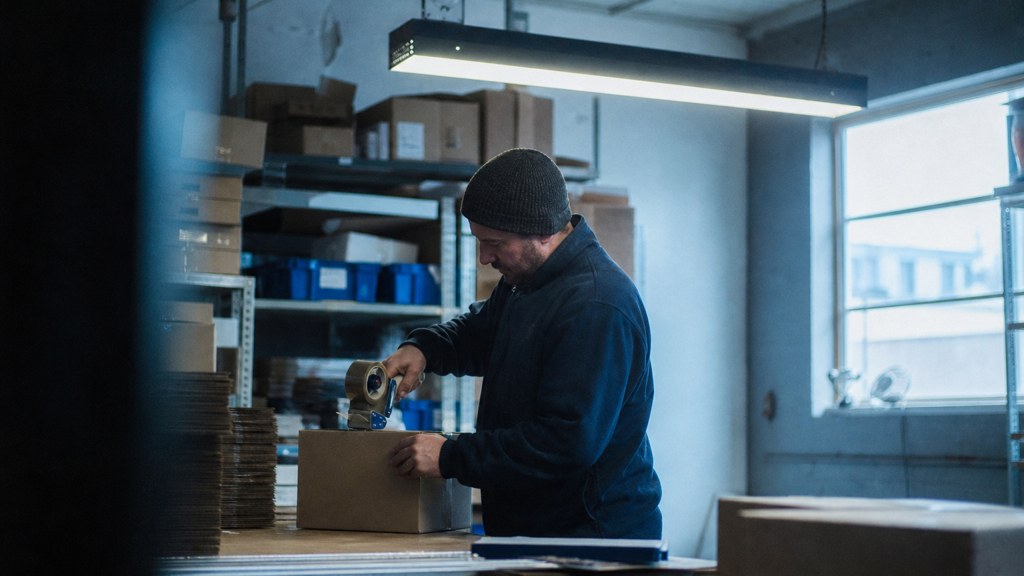 A warehouse worker taping shipping boxes under strip lighting in a small fulfilment room, photographed in Edinburgh
