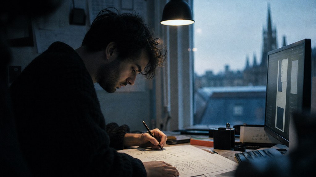 A studio designer sketching a page layout on paper beside a monitor in a dim room, photographed in Edinburgh