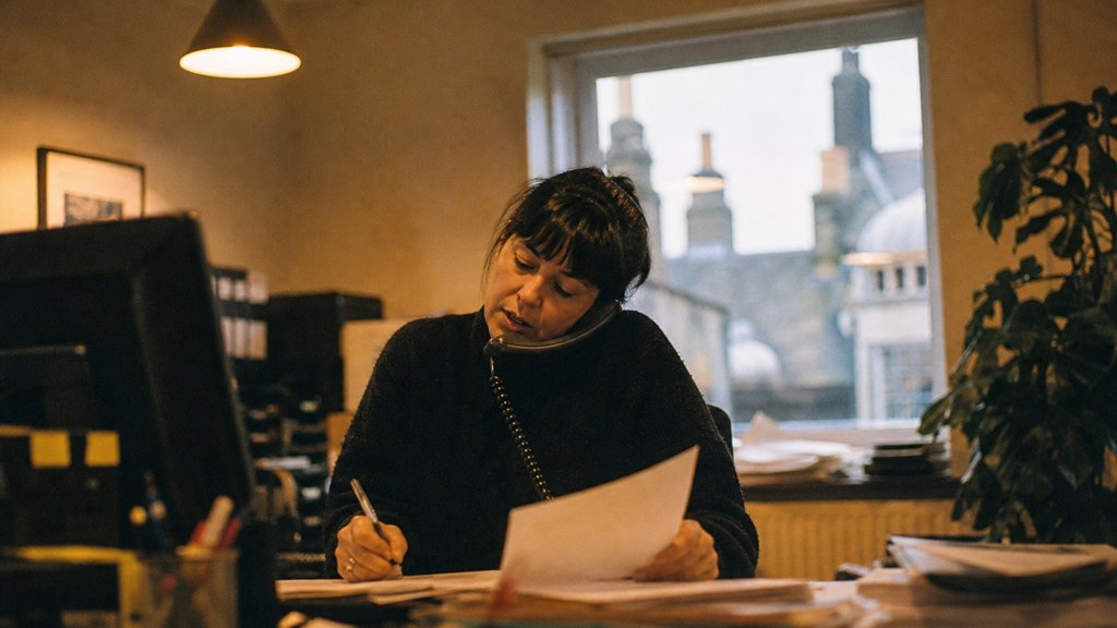 An office manager at a cluttered desk with a landline handset tucked under one ear, photographed in Edinburgh