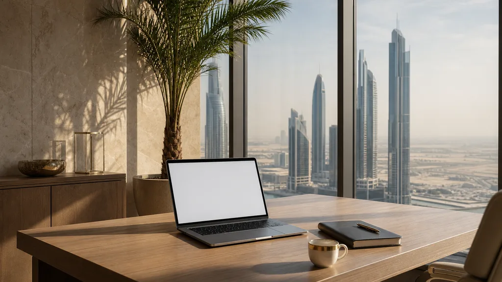 Editorial photograph of an empty modern B2B agency workspace in a Dubai glass tower office with a laptop showing a blank dashboard, a notebook and a small gold-rimmed cup on a pale walnut desk, cream stone walls, floor-to-ceiling windows onto distant towers and hazy desert sky, and a potted date palm, lit by warm bright Gulf morning light