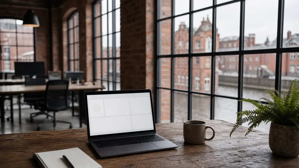 Editorial photograph of an empty modern B2B agency workspace in a converted Birmingham red brick factory office with a laptop showing a blank dashboard, a notebook and a stoneware mug on a reclaimed timber desk, exposed brick, tall steel-framed windows onto a canal and Victorian rooftops, and a potted fern, lit by soft grey overcast Midlands light