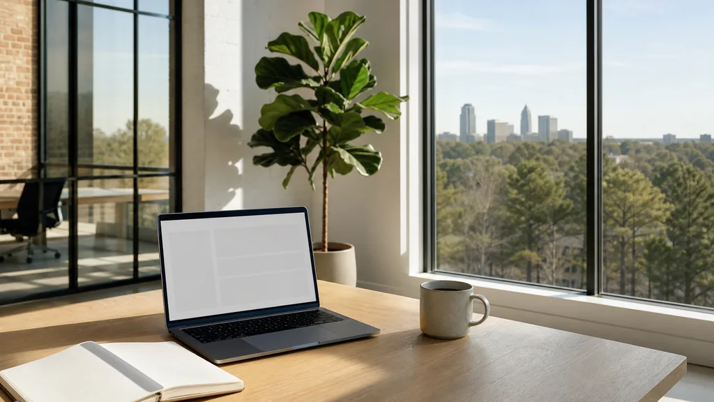 Editorial photograph of an empty modern B2B agency workspace in a Raleigh warm brick and glass office with a laptop showing a blank dashboard, a notebook and a ceramic mug on a light oak desk, white painted walls, tall windows onto pine trees and a low Carolina skyline, and a potted fiddle leaf fig, lit by bright soft southern morning light