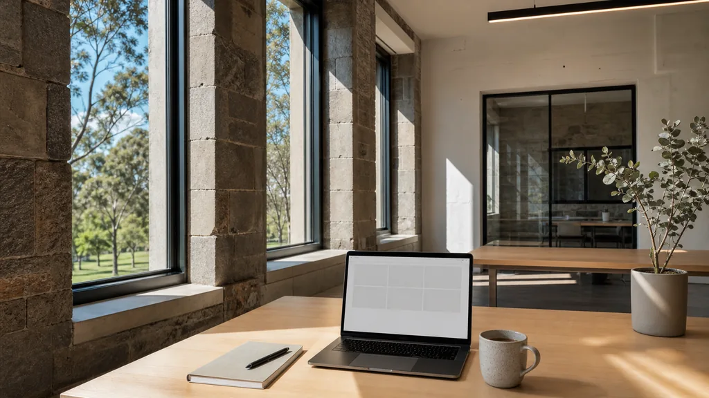 Editorial photograph of an empty modern B2B agency workspace in an Adelaide bluestone and glass office with a laptop showing a blank dashboard, a notebook and a stoneware mug on a pale oak desk, white rendered walls, tall sash windows onto plane trees, parklands and clear blue sky, and a potted eucalyptus sapling, lit by crisp bright South Australian light