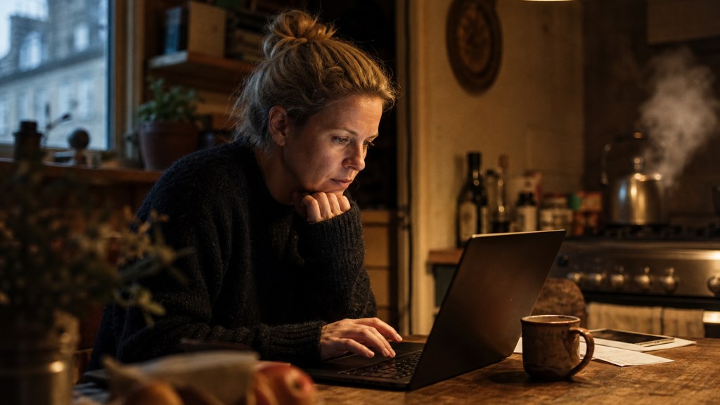 A service-business owner at a kitchen table typing a question into a laptop while a kettle steams behind, photographed in Edinburgh