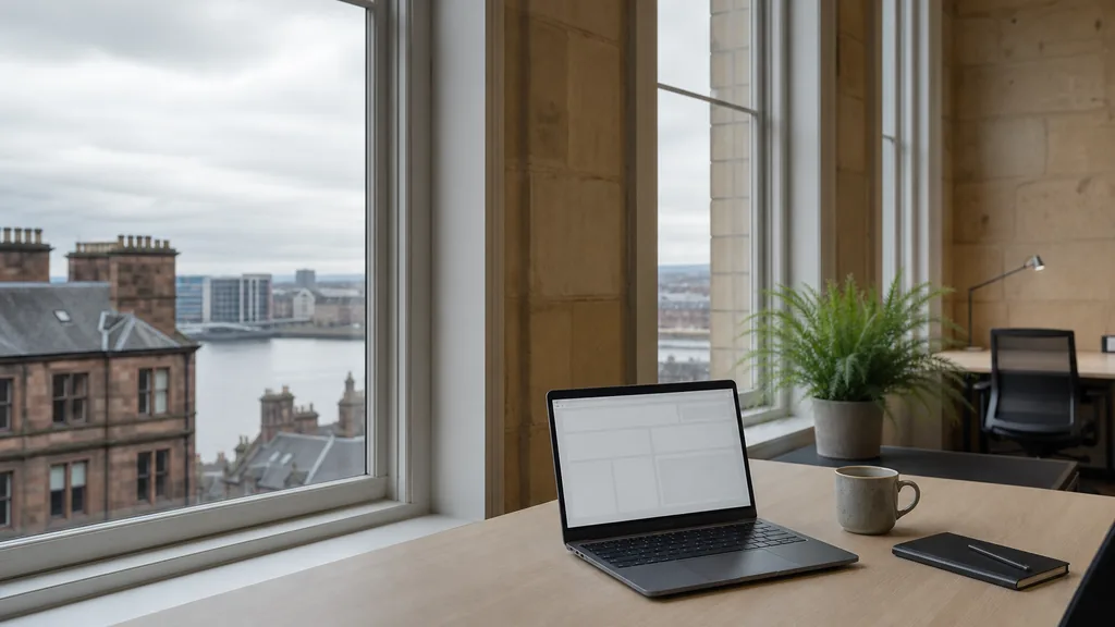 Editorial photograph of an empty modern B2B agency workspace in a Glasgow sandstone and glass city-centre office with a laptop showing a blank dashboard, a notebook and a stoneware mug on a pale oak desk, blonde sandstone walls, tall sash windows onto Victorian tenement rooftops and a grey river, and a potted fern, lit by soft overcast Scottish morning light