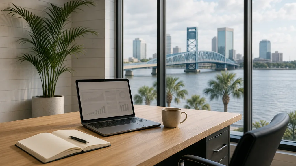Editorial photograph of an empty modern B2B agency workspace in a Jacksonville riverside office with a laptop showing a blank dashboard, a notebook and a ceramic mug on a light oak desk, white shiplap walls, tall windows onto a wide river, a steel bridge and palm trees, and a potted palm, lit by bright humid Florida morning light