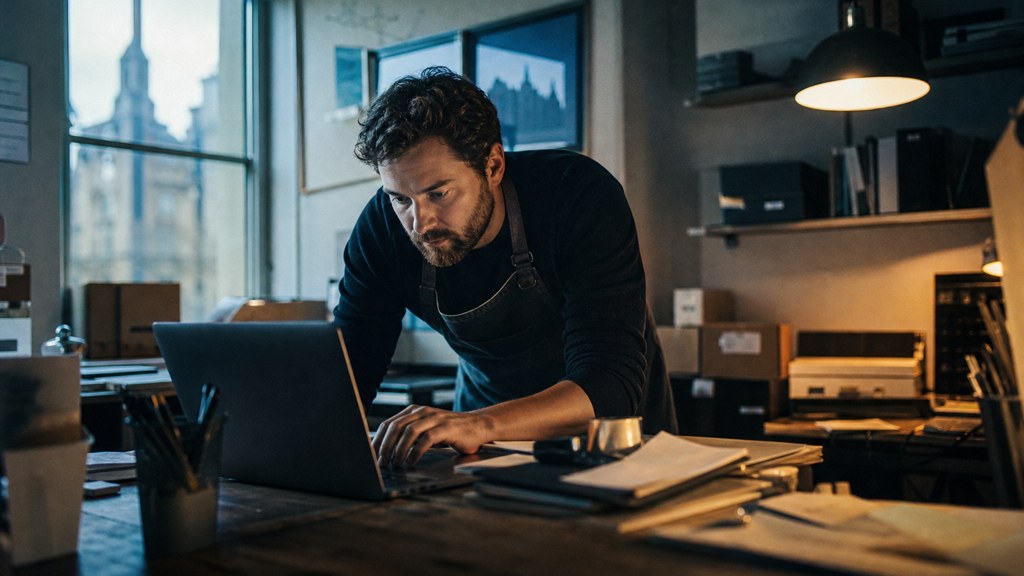 A small-business owner in an apron leaning over a laptop on a cluttered back-office desk late in the day, photographed in Glasgow