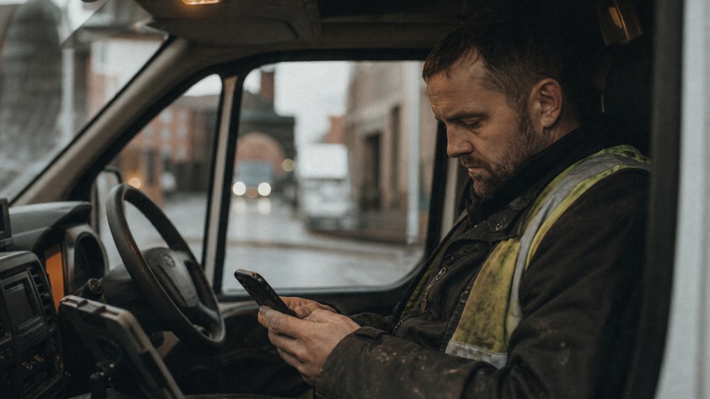 A contractor sitting in the cab of a work van reviewing a phone before driving off, photographed in Glasgow