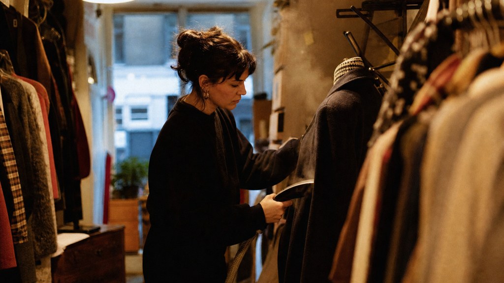 A boutique owner steaming garments in a narrow shop stockroom at opening time, photographed in Glasgow