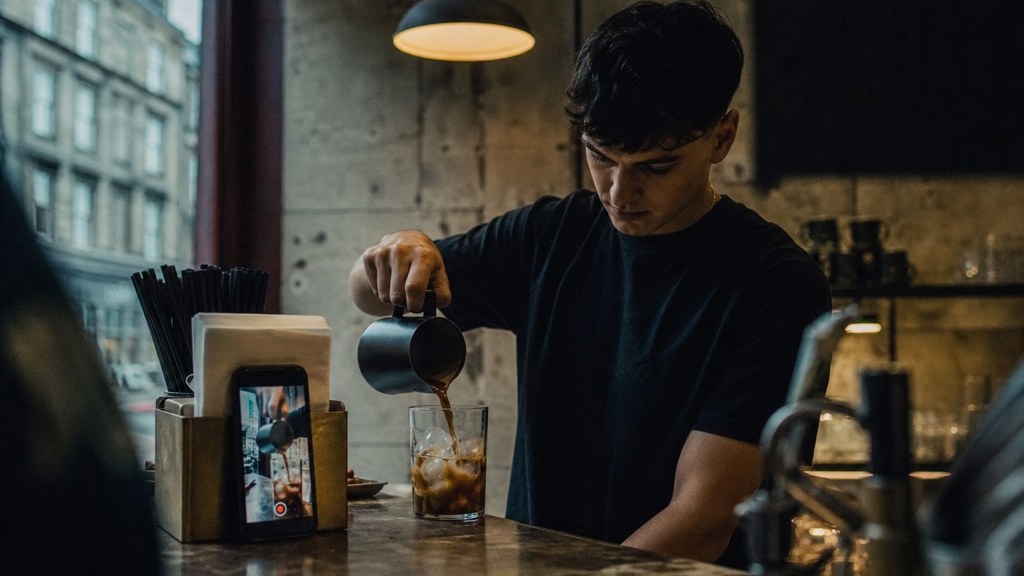 A young cafe worker filming a drink being poured on a phone propped against a napkin holder, photographed in Glasgow