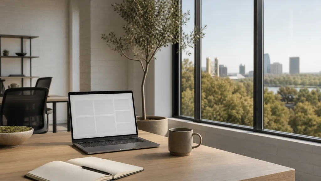 Editorial photograph of an empty modern B2B agency workspace in a Sacramento midtown office with a laptop showing a blank dashboard, a notebook and a ceramic mug on a pale oak desk, a white brick wall, tall windows onto leafy valley oaks and a low river-city skyline, and a potted olive tree, lit by warm dry Central Valley morning light