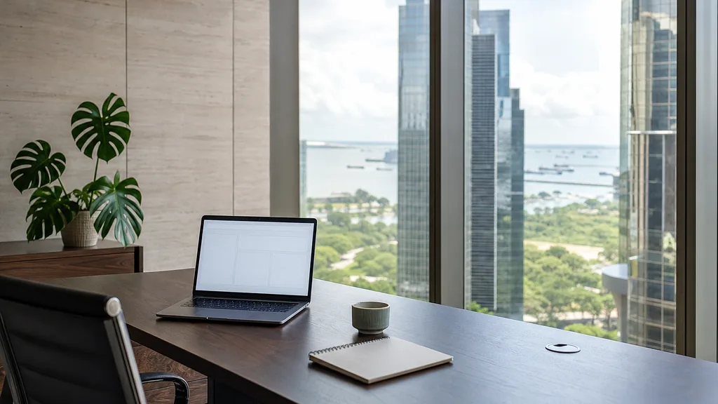 Editorial photograph of an empty modern B2B agency workspace in a Singapore harbourfront tower office with a laptop showing a blank dashboard, a notebook and a small porcelain cup on a dark walnut desk, a pale stone wall, floor-to-ceiling windows onto glass towers, a bay and rain trees, and a potted monstera, lit by bright humid equatorial morning light