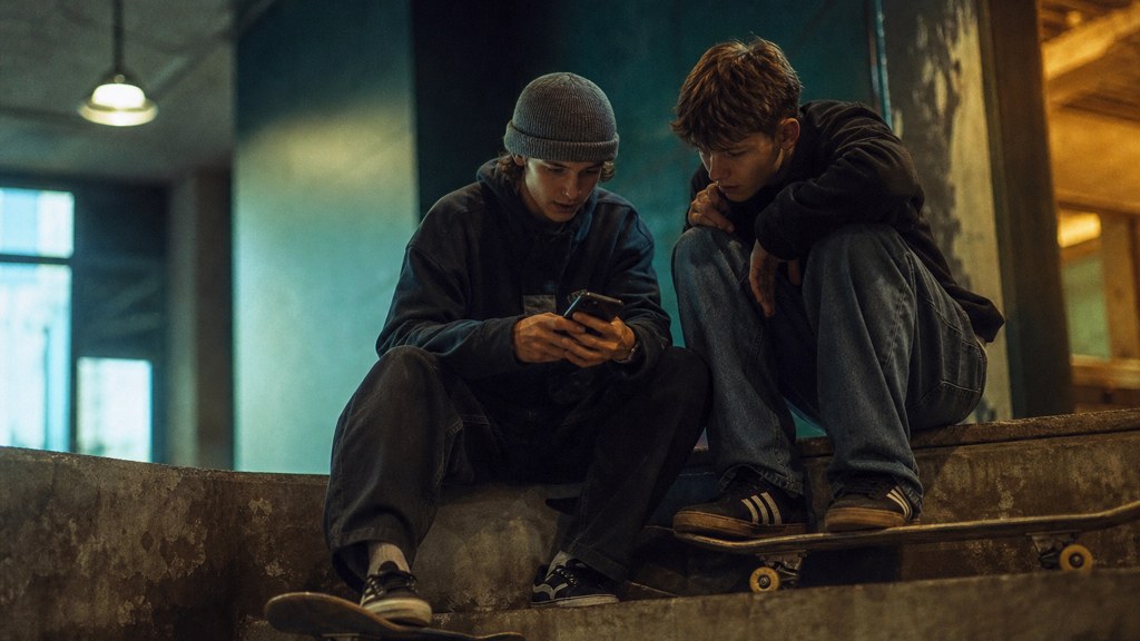 Two teenagers on skateboards looking at a phone on a set of concrete steps, photographed in Glasgow