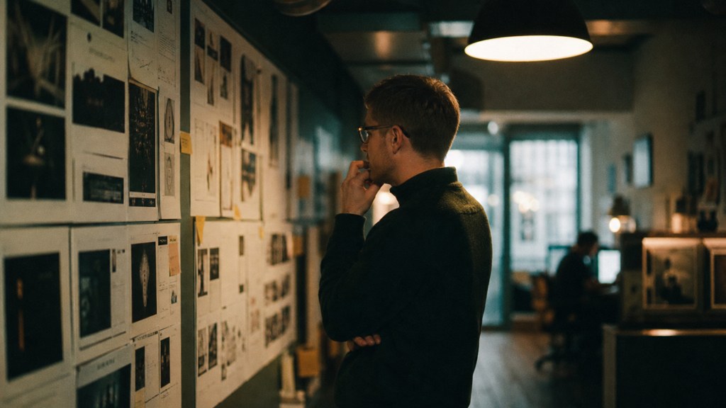 A media planner standing at a wall of printed layouts in a narrow agency corridor, photographed in Glasgow