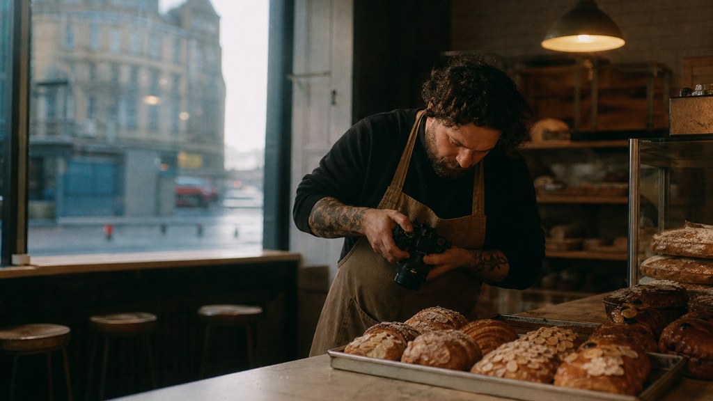 A bakery owner photographing a tray of pastries on a marble counter at dawn, photographed in Glasgow