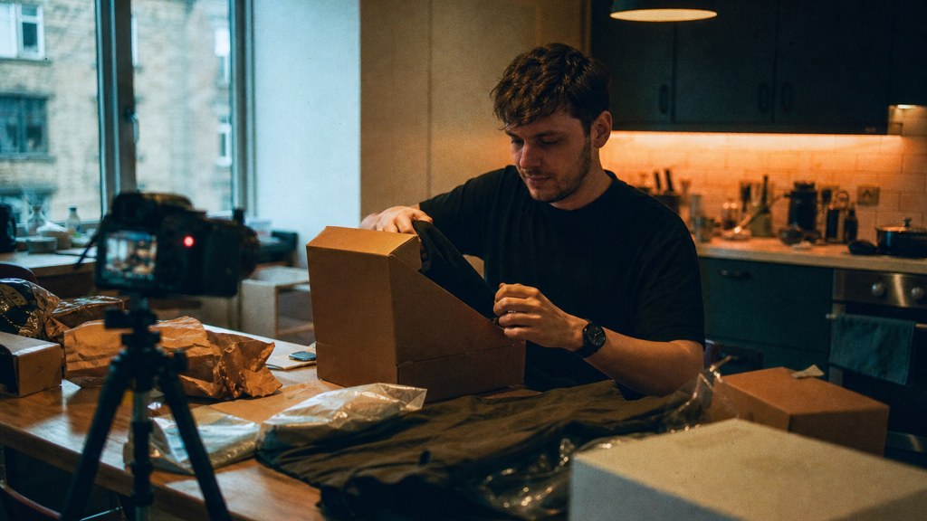 A customer filming an unboxing on a kitchen table strewn with packaging, photographed in Glasgow