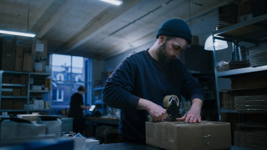 A warehouse worker taping shipping boxes under strip lighting in a small fulfilment room, photographed in Glasgow
