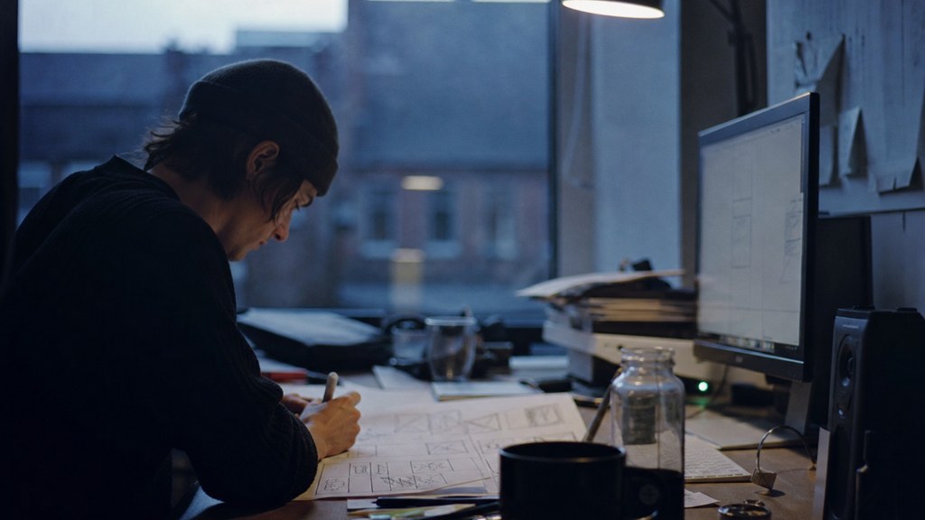 A studio designer sketching a page layout on paper beside a monitor in a dim room, photographed in Glasgow