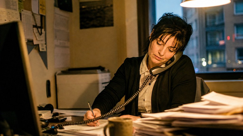 An office manager at a cluttered desk with a landline handset tucked under one ear, photographed in Glasgow