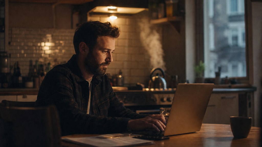 A service-business owner at a kitchen table typing a question into a laptop while a kettle steams behind, photographed in Glasgow