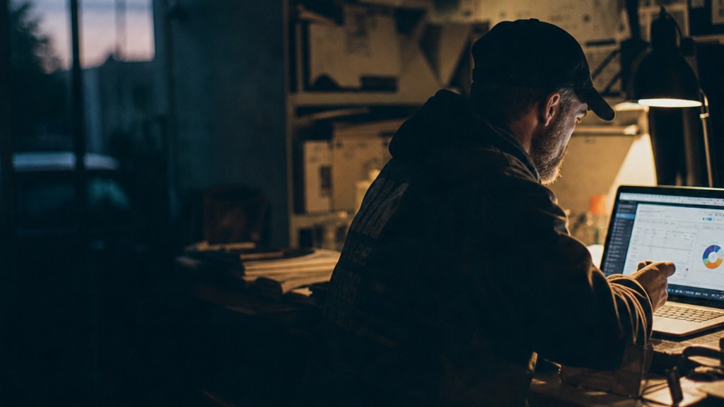 Remediation company owner in a warehouse office at dusk leaning over a laptop showing an advertising account