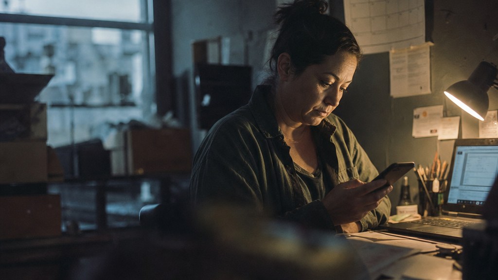 Small business owner at a cramped office desk scrolling a phone beneath a paper wall calendar