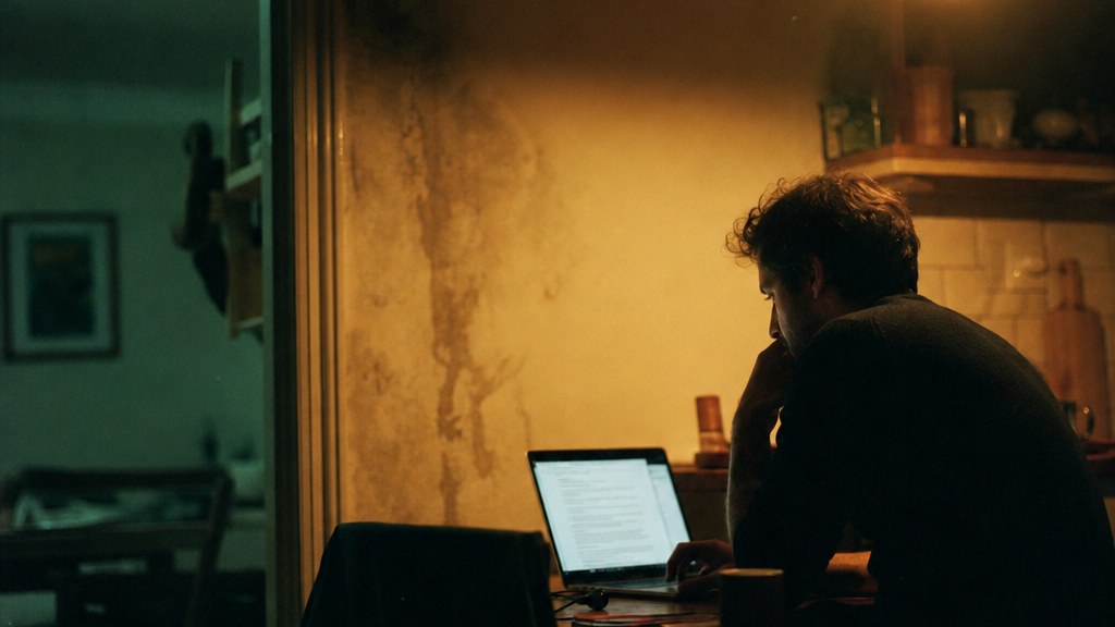 Homeowner at a kitchen table late at night typing a question into a laptop with a damp stain on the wall behind