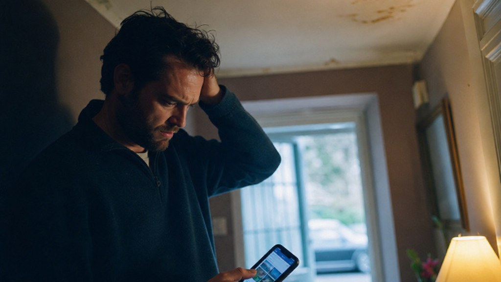 Worried homeowner in a hallway holding a phone showing a remediation company website with a damp patch on the ceiling above