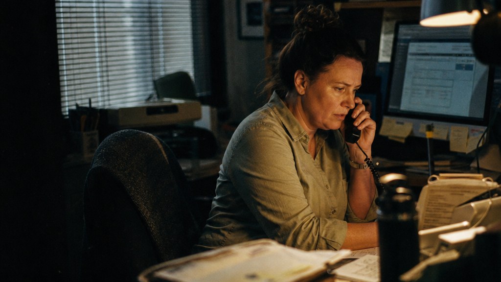 Restoration office manager answering a call with a booking form open on the screen behind her