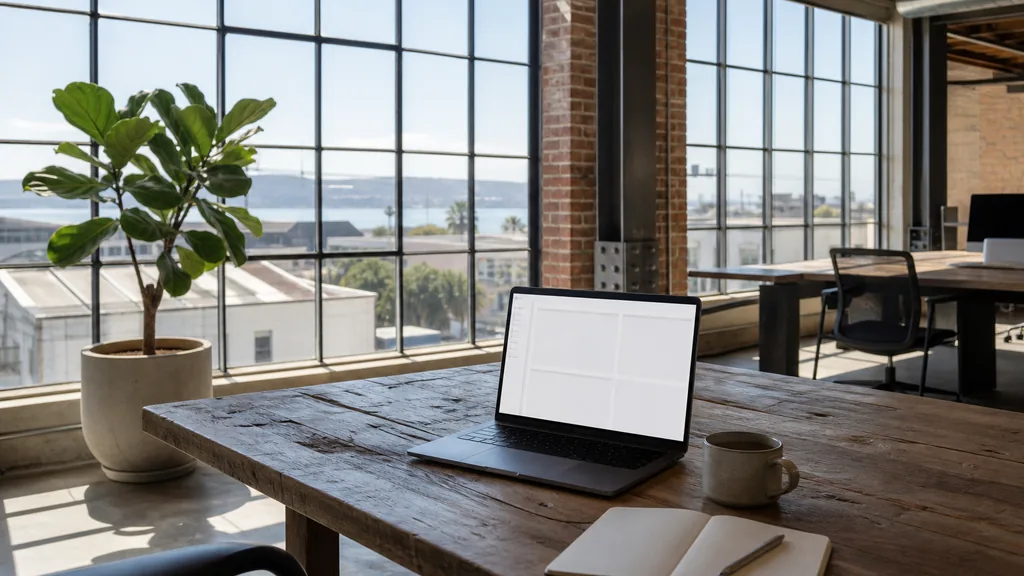 Editorial photograph of an empty modern B2B agency workspace in a converted Oakland warehouse office with a laptop showing a blank dashboard, a notebook and a ceramic mug on a reclaimed timber desk, exposed brick and steel columns, tall industrial windows onto low rooftops and bay water, and a potted fig tree, lit by bright clear California morning light